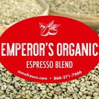 Emperor's Organic Espresso Blend - Rich Fusion of Flavors, with Vibrant Green Coffee Beans in the Background