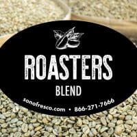 Roasters Blend Label featuring bags of fresh green coffee beans