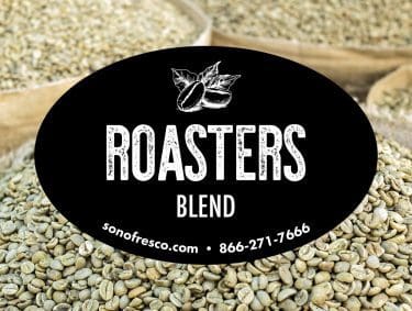 Roasters Blend Label featuring bags of fresh green coffee beans